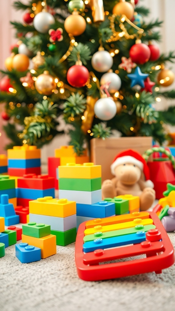 A collection of Christmas gifts for a 2-year-old boy, including toys and books, displayed under a Christmas tree.